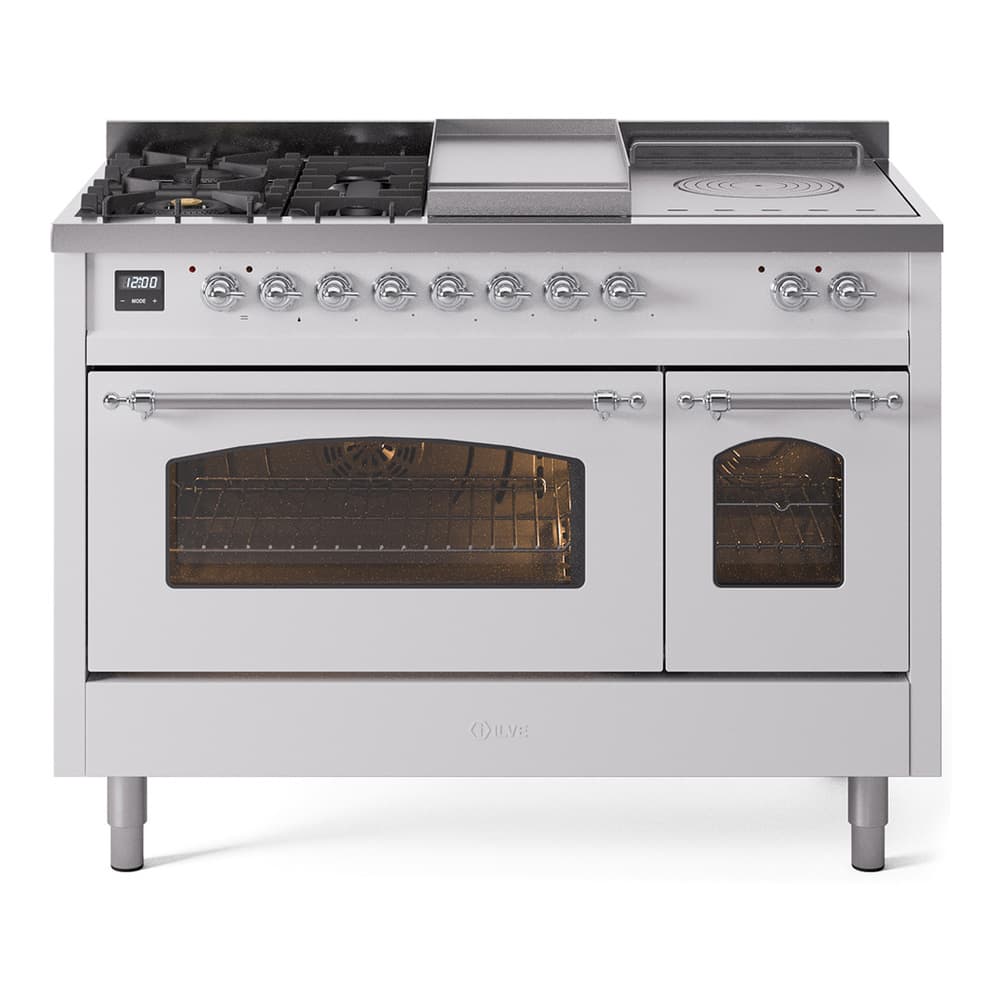 Nostalgie II 48 UP48FSNMPWHC Freestanding Dual Fuel Range with 5 Sealed Burners with Griddle and French Top Double Oven with Triple Glass Door with Chrome knobs