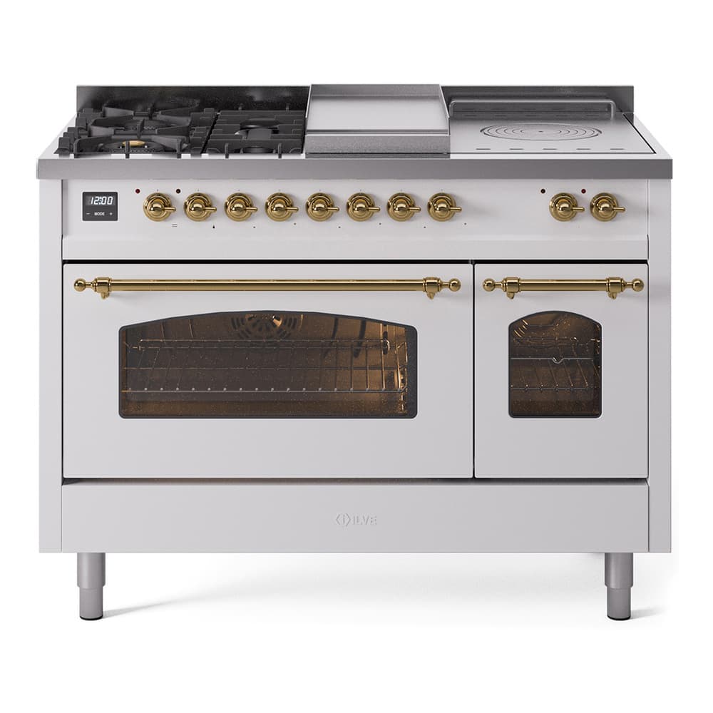 Nostalgie II 48 UP48FSNMPWHG Freestanding Dual Fuel Range with 5 Sealed Burners with Griddle and French Top Double Oven with Triple Glass Door with Brass knobs