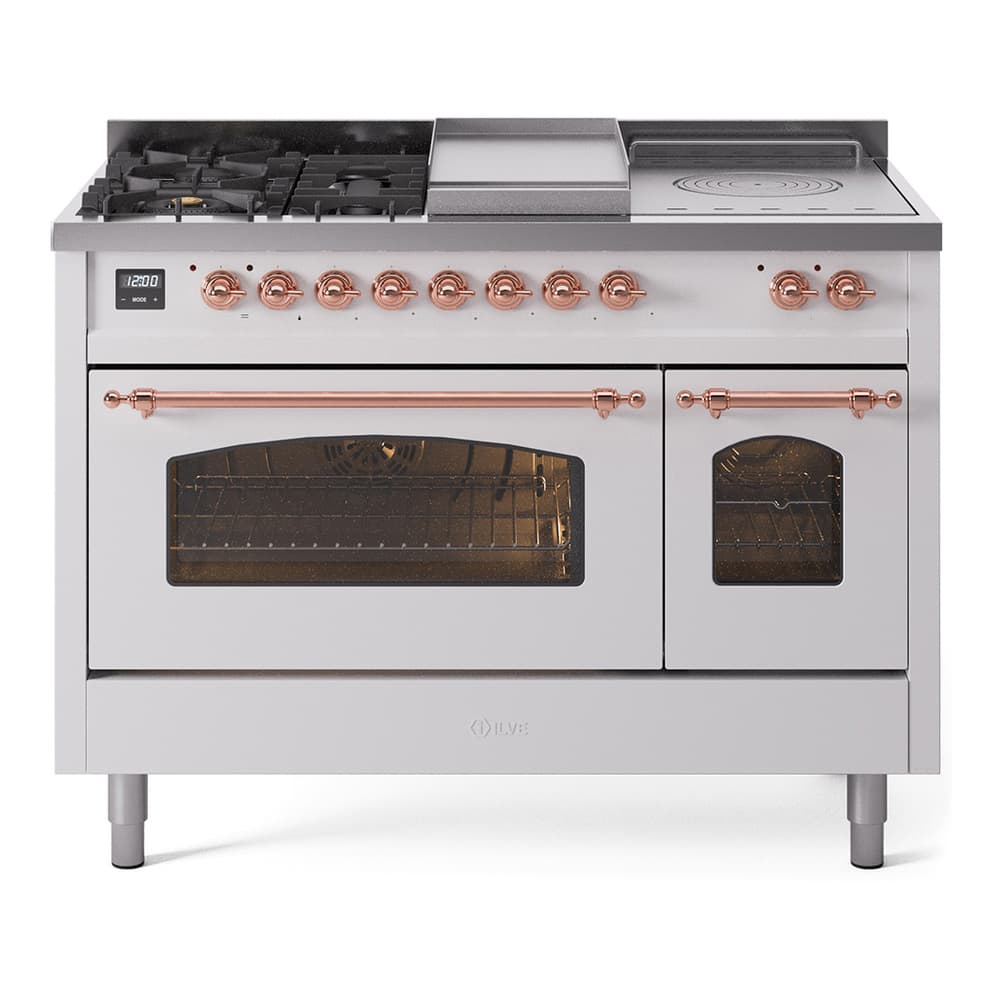 Nostalgie II 48 UP48FSNMPWHP Freestanding Dual Fuel Range with 5 Sealed Burners with Griddle and French Top Double Oven with Triple Glass Door with Copper knobs