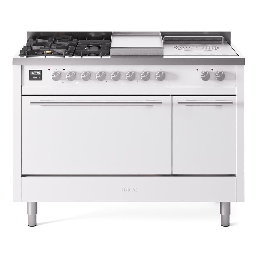 Professional Plus II 48 UP48FSQMPWH Freestanding Dual Fuel Range with 5 Sealed Burners with Griddle and French Top Double Oven with Solid Door with Stainless Steel knobs