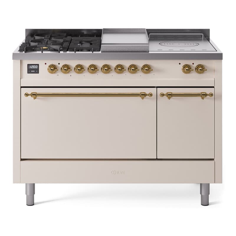 Nostalgie II 48 UP48FSQNMPAWG Freestanding Dual Fuel Range with 5 Sealed Burners with Griddle and French Top Double Oven with Solid Door with Brass knobs