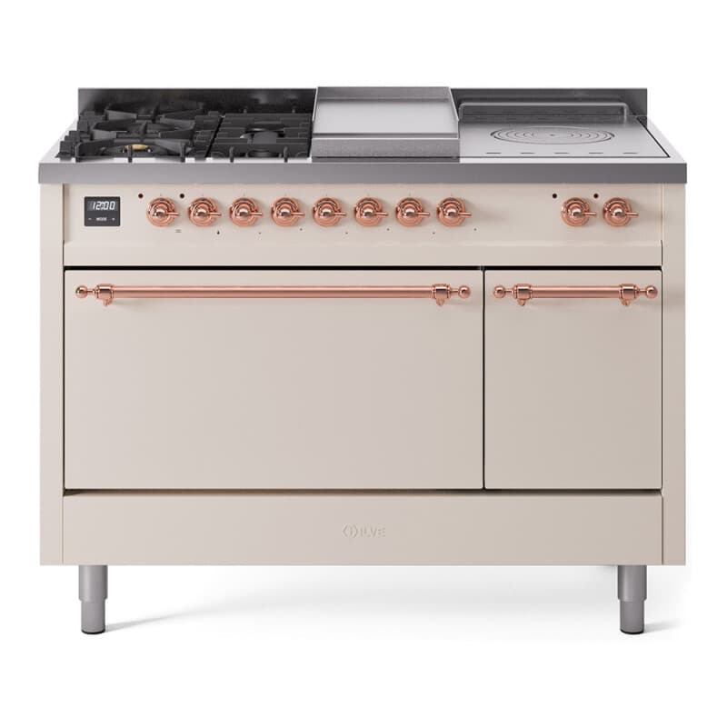 Nostalgie II 48 UP48FSQNMPAWP Freestanding Dual Fuel Range with 5 Sealed Burners with Griddle and French Top Double Oven with Solid Door with Copper knobs