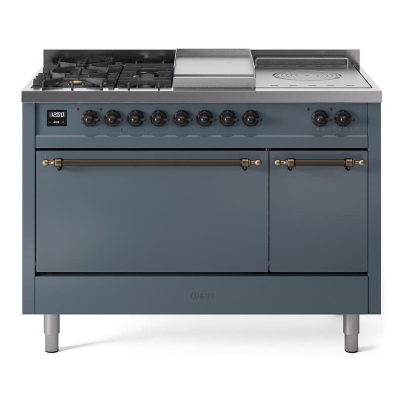 Nostalgie II 48 UP48FSQNMPBGB Freestanding Dual Fuel Range with 5 Sealed Burners with Griddle and French Top Double Oven with Solid Door with Bronze knobs