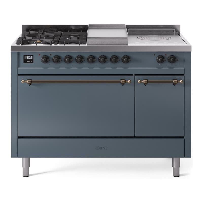 Nostalgie II 48 UP48FSQNMPBGB Freestanding Dual Fuel Range with 5 Sealed Burners with Griddle and French Top Double Oven with Solid Door with Bronze knobs