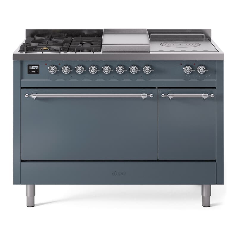 Nostalgie II 48 UP48FSQNMPBGC Freestanding Dual Fuel Range with 5 Sealed Burners with Griddle and French Top Double Oven with Solid Door with Chrome knobs