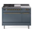Nostalgie II 48 UP48FSQNMPBGG Freestanding Dual Fuel Range with 5 Sealed Burners with Griddle and French Top Double Oven with Solid Door with Brass knobs view 1