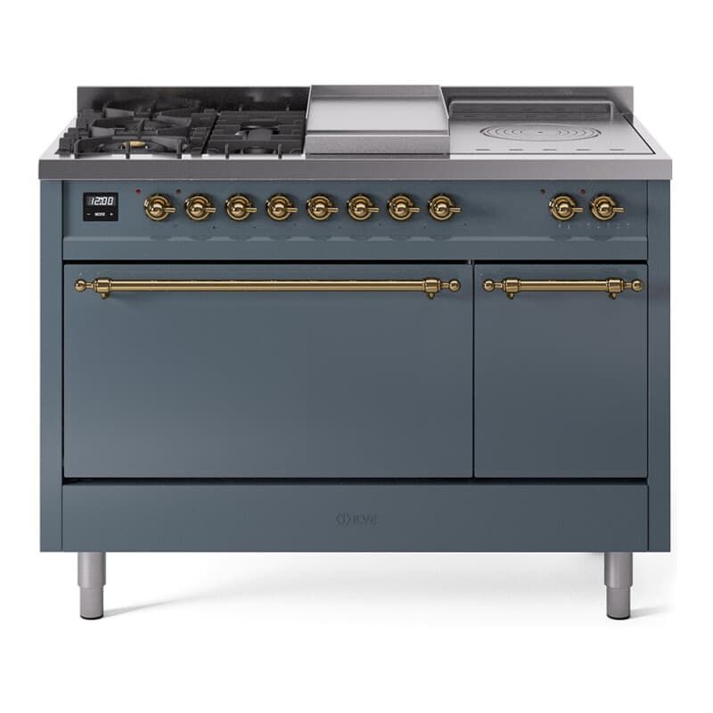 Nostalgie II 48 UP48FSQNMPBGG Freestanding Dual Fuel Range with 5 Sealed Burners with Griddle and French Top Double Oven with Solid Door with Brass knobs