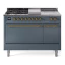 Nostalgie II 48 UP48FSQNMPBGG Freestanding Dual Fuel Range with 5 Sealed Burners with Griddle and French Top Double Oven with Solid Door with Brass knobs view 1