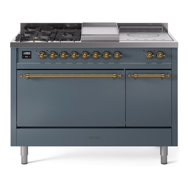 Nostalgie II 48 UP48FSQNMPBGG Freestanding Dual Fuel Range with 5 Sealed Burners with Griddle and French Top Double Oven with Solid Door with Brass knobs