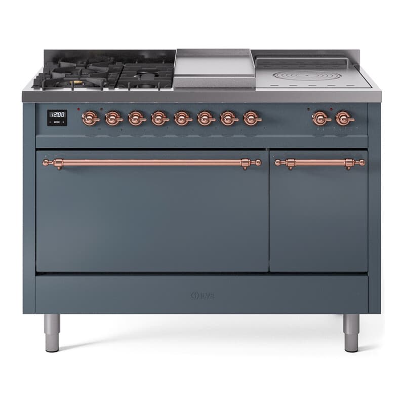 Nostalgie II 48 UP48FSQNMPBGP Freestanding Dual Fuel Range with 5 Sealed Burners with Griddle and French Top Double Oven with Solid Door with Copper knobs