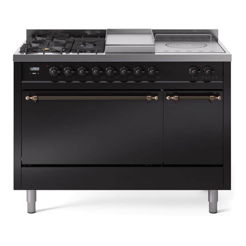Nostalgie II 48 UP48FSQNMPBKB Freestanding Dual Fuel Range with 5 Sealed Burners with Griddle and French Top Double Oven with Solid Door with Bronze knobs