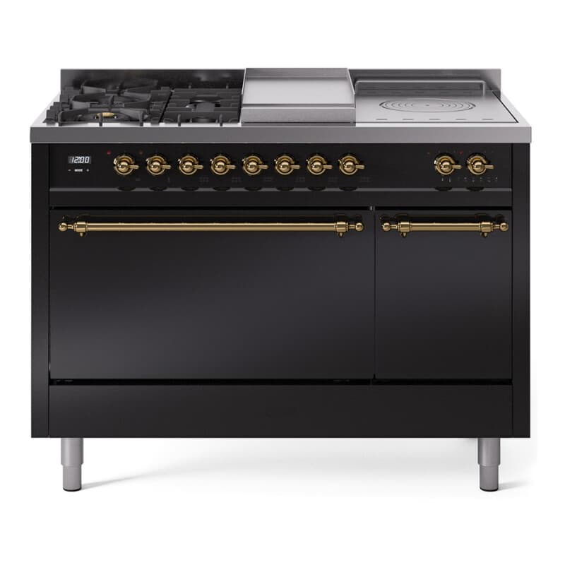 Nostalgie II 48 UP48FSQNMPBKG Freestanding Dual Fuel Range with 5 Sealed Burners with Griddle and French Top Double Oven with Solid Door with Brass knobs