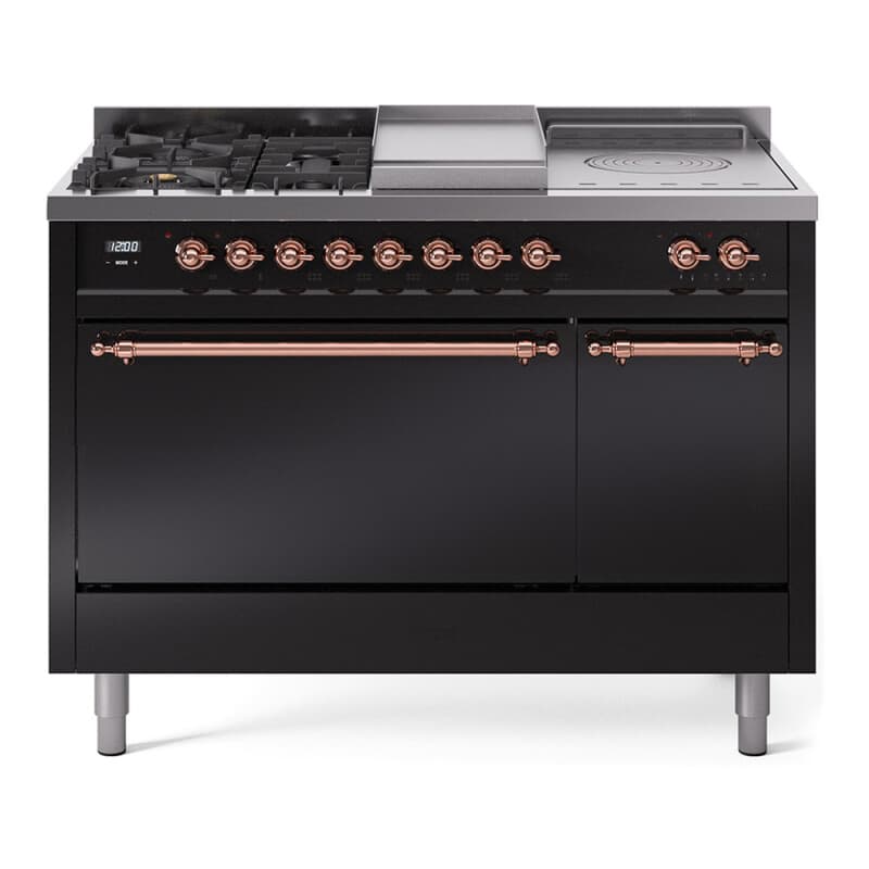 Nostalgie II 48 UP48FSQNMPBKP Freestanding Dual Fuel Range with 5 Sealed Burners with Griddle and French Top Double Oven with Solid Door with Copper knobs