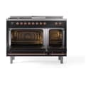 Nostalgie II 48 UP48FSQNMPBKP Freestanding Dual Fuel Range with 5 Sealed Burners with Griddle and French Top Double Oven with Solid Door with Copper knobs view 2