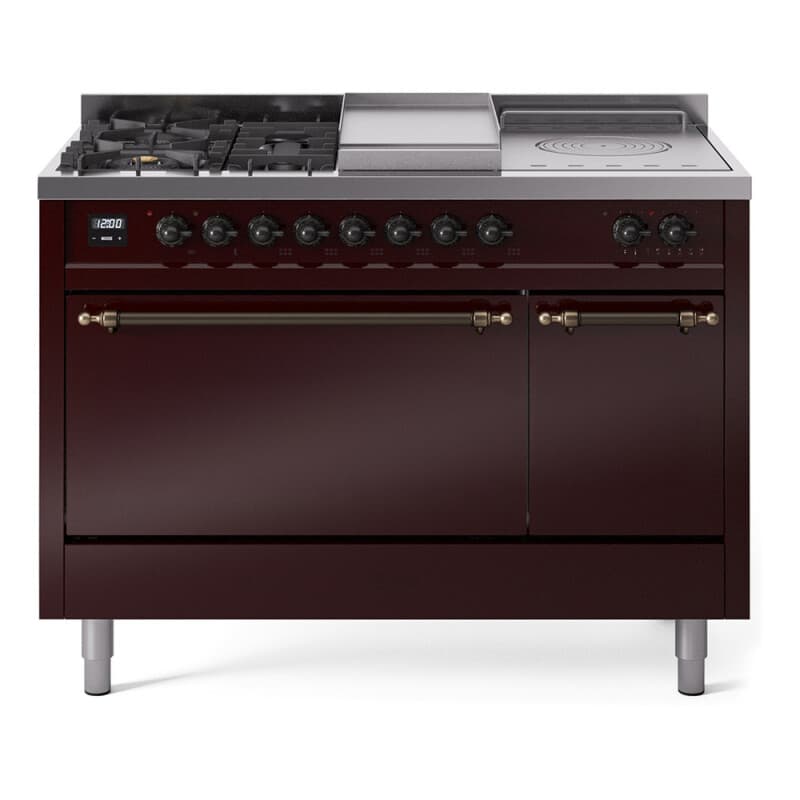 Nostalgie II 48 UP48FSQNMPBUB Freestanding Dual Fuel Range with 5 Sealed Burners with Griddle and French Top Double Oven with Solid Door with Bronze knobs