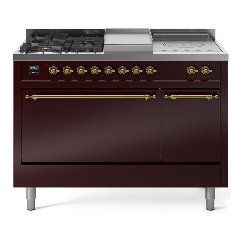 Nostalgie II 48 UP48FSQNMPBUG Freestanding Dual Fuel Range with 5 Sealed Burners with Griddle and French Top Double Oven with Solid Door with Brass knobs