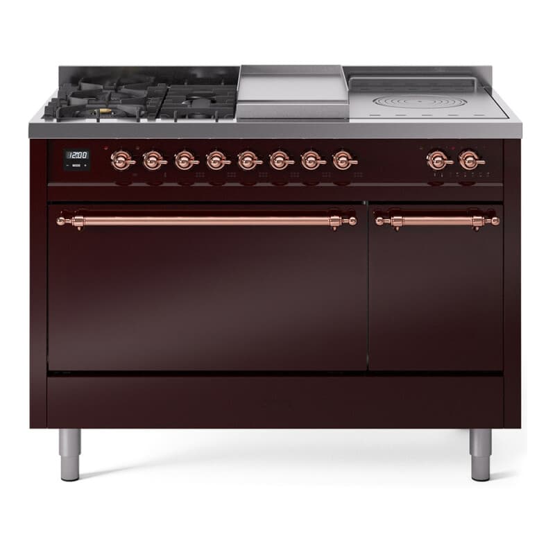 Nostalgie II 48 UP48FSQNMPBUP Freestanding Dual Fuel Range with 5 Sealed Burners with Griddle and French Top Double Oven with Solid Door with Copper knobs