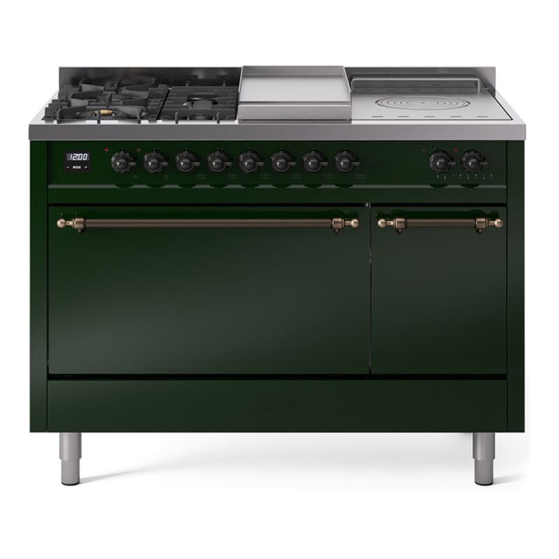 Nostalgie II 48 UP48FSQNMPEGB Freestanding Dual Fuel Range with 5 Sealed Burners with Griddle and French Top Double Oven with Solid Door with Bronze knobs