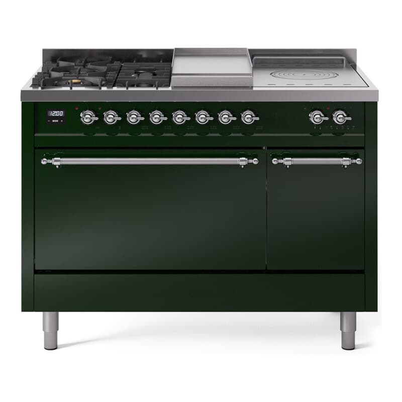 Nostalgie II 48 UP48FSQNMPEGC Freestanding Dual Fuel Range with 5 Sealed Burners with Griddle and French Top Double Oven with Solid Door with Chrome knobs