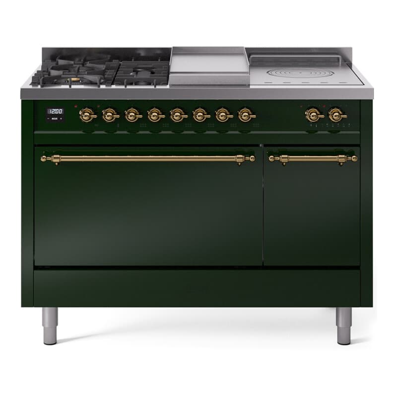 Nostalgie II 48 UP48FSQNMPEGG Freestanding Dual Fuel Range with 5 Sealed Burners with Griddle and French Top Double Oven with Solid Door with Brass knobs