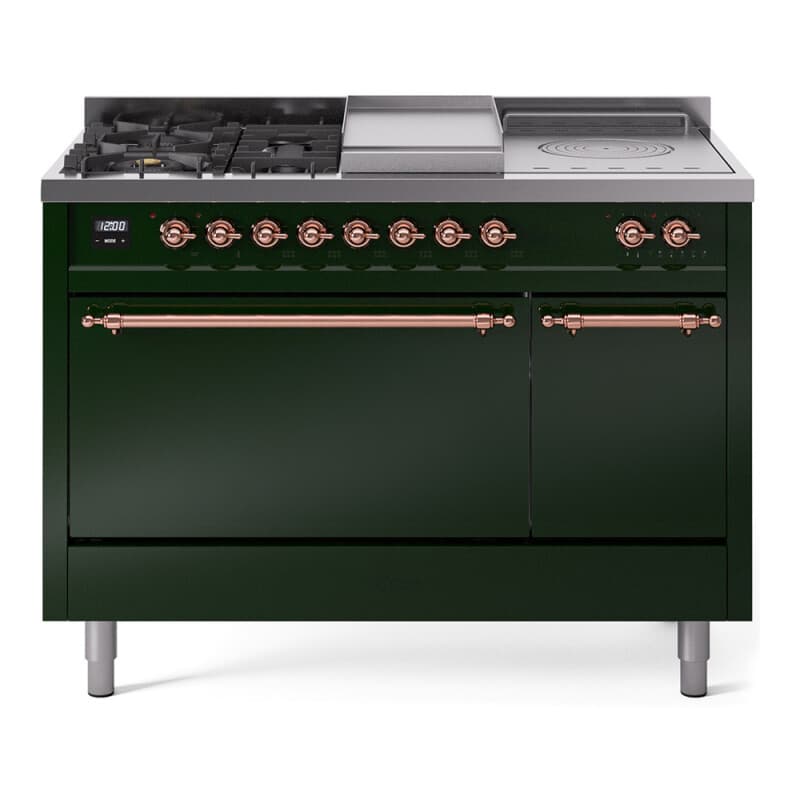 Nostalgie II 48 UP48FSQNMPEGP Freestanding Dual Fuel Range with 5 Sealed Burners with Griddle and French Top Double Oven with Solid Door with Copper knobs