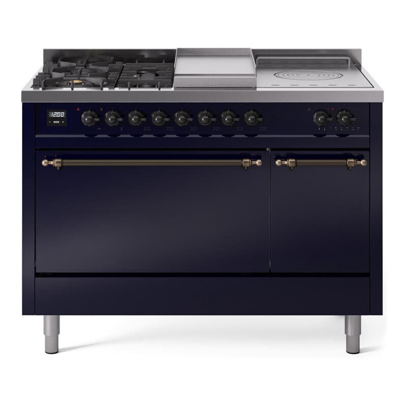 Nostalgie II 48 UP48FSQNMPMBB Freestanding Dual Fuel Range with 5 Sealed Burners with Griddle and French Top Double Oven with Solid Door with Bronze knobs