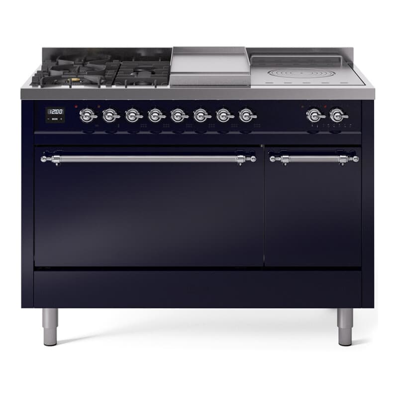 Nostalgie II 48 UP48FSQNMPMBC Freestanding Dual Fuel Range with 5 Sealed Burners with Griddle and French Top Double Oven with Solid Door with Chrome knobs