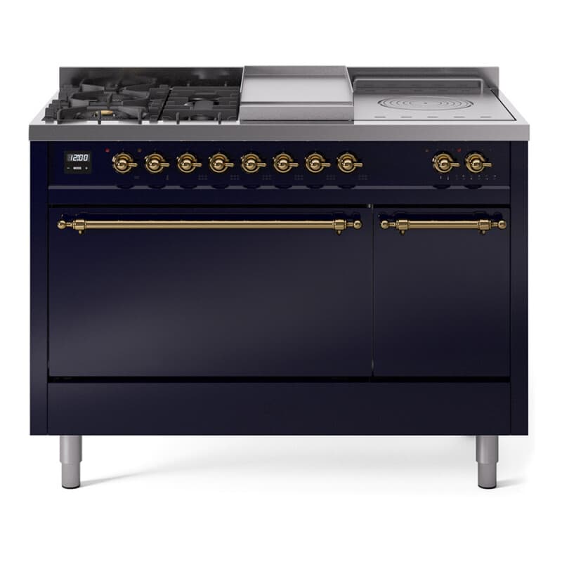 Nostalgie II 48 UP48FSQNMPMBG Freestanding Dual Fuel Range with 5 Sealed Burners with Griddle and French Top Double Oven with Solid Door with Brass knobs
