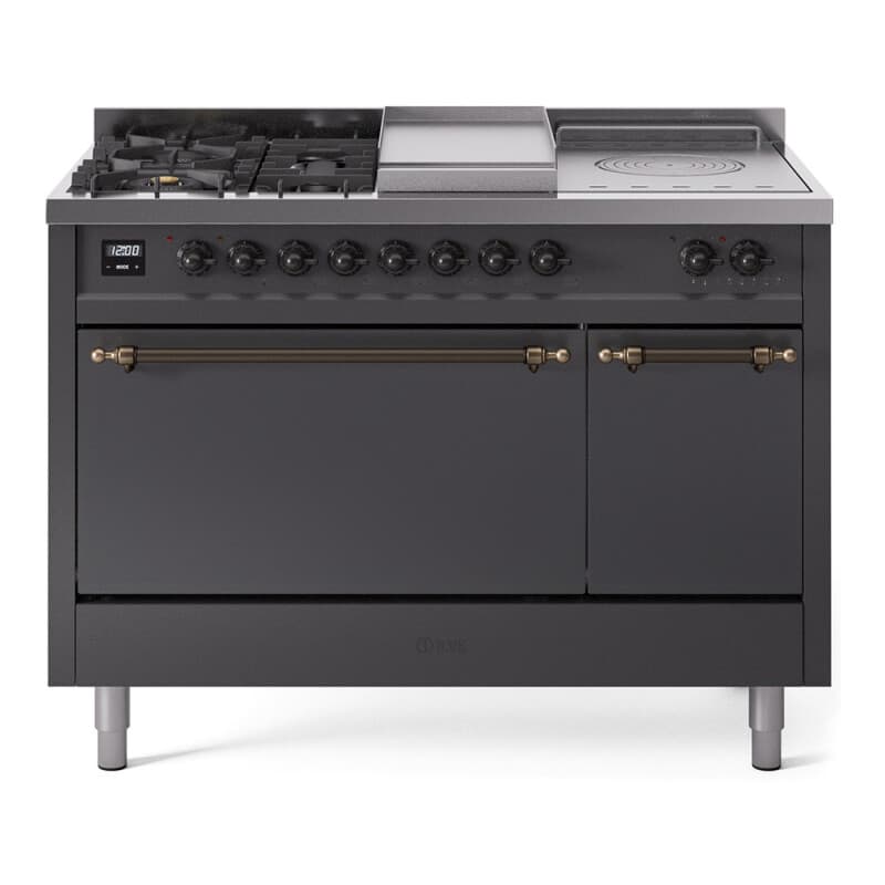 Nostalgie II 48 UP48FSQNMPMGB Freestanding Dual Fuel Range with 5 Sealed Burners with Griddle and French Top Double Oven with Solid Door with Bronze knobs