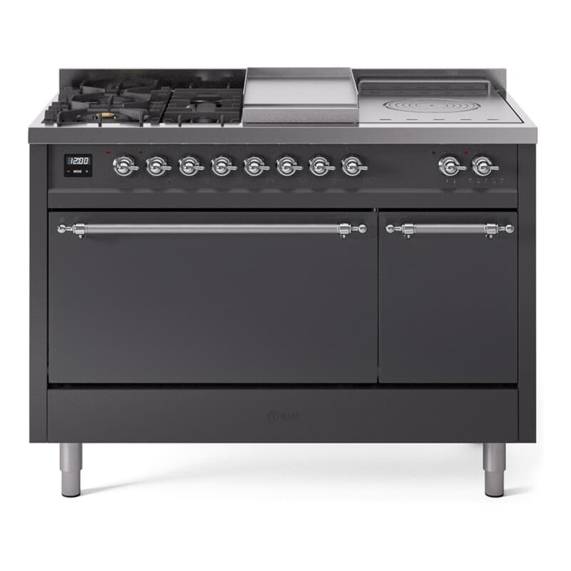Nostalgie II 48 UP48FSQNMPMGC Freestanding Dual Fuel Range with 5 Sealed Burners with Griddle and French Top Double Oven with Solid Door with Chrome knobs