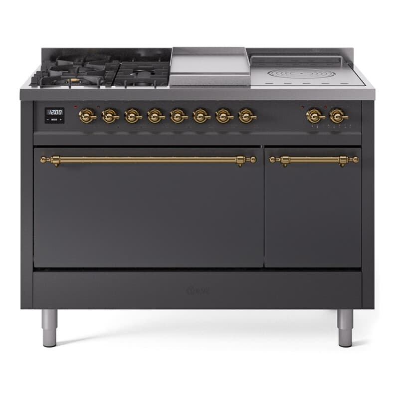 Nostalgie II 48 UP48FSQNMPMGG Freestanding Dual Fuel Range with 5 Sealed Burners with Griddle and French Top Double Oven with Solid Door with Brass knobs