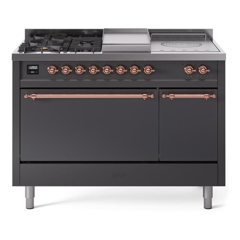 Nostalgie II 48 UP48FSQNMPMGP Freestanding Dual Fuel Range with 5 Sealed Burners with Griddle and French Top Double Oven with Solid Door with Copper knobs
