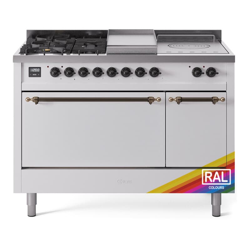 Nostalgie II 48 UP48FSQNMPRAB Freestanding Dual Fuel Range with 5 Sealed Burners with Griddle and French Top Double Oven with Solid Door with Bronze knobs