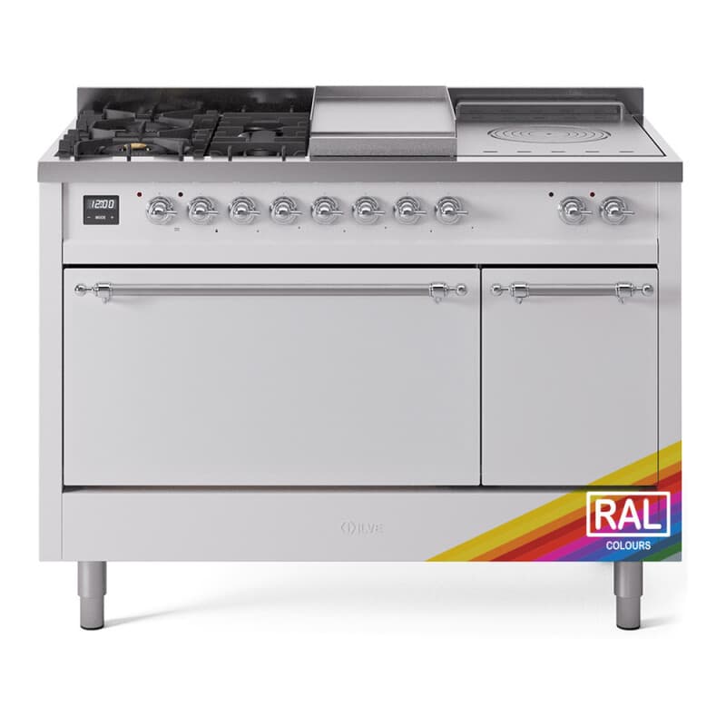 Nostalgie II 48 UP48FSQNMPRAC Freestanding Dual Fuel Range with 5 Sealed Burners with Griddle and French Top Double Oven with Solid Door with Chrome knobs