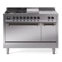 Nostalgie II 48 UP48FSQNMPSSB Freestanding Dual Fuel Range with 5 Sealed Burners with Griddle and French Top Double Oven with Solid Door with Bronze knobs view 1