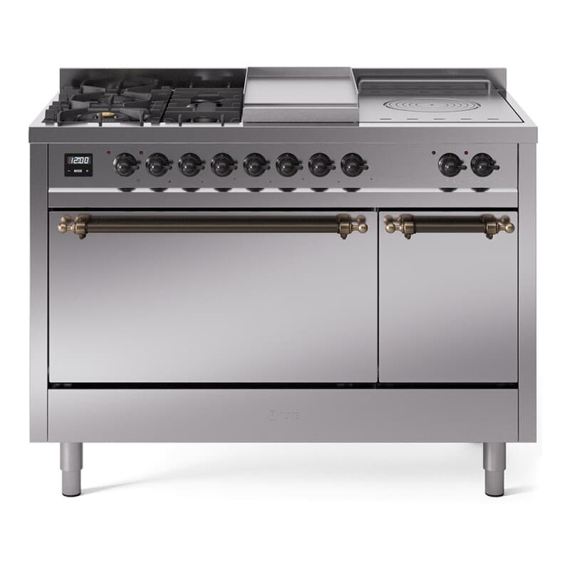Nostalgie II 48 UP48FSQNMPSSB Freestanding Dual Fuel Range with 5 Sealed Burners with Griddle and French Top Double Oven with Solid Door with Bronze knobs