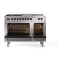 Nostalgie II 48 UP48FSQNMPSSB Freestanding Dual Fuel Range with 5 Sealed Burners with Griddle and French Top Double Oven with Solid Door with Bronze knobs view 2
