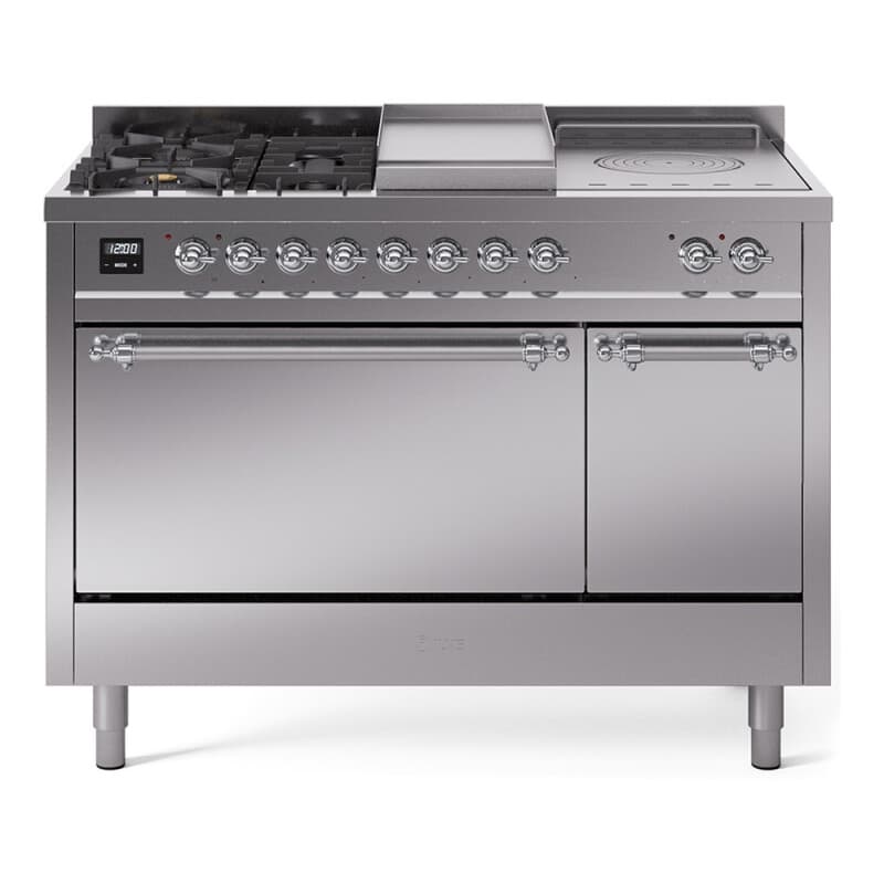 Nostalgie II 48 UP48FSQNMPSSC Freestanding Dual Fuel Range with 5 Sealed Burners with Griddle and French Top Double Oven with Solid Door with Chrome knobs