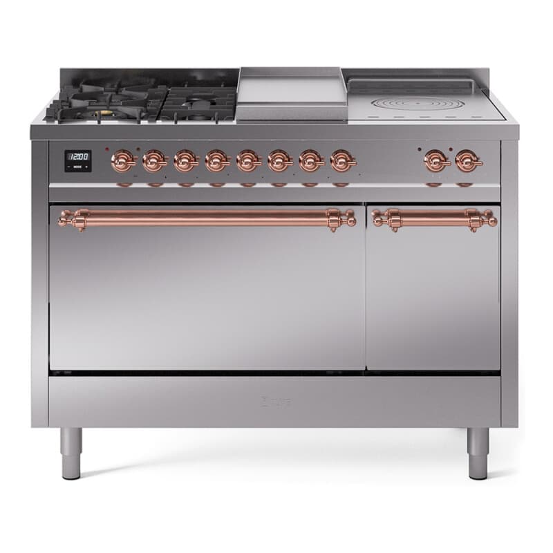 Nostalgie II 48 UP48FSQNMPSSP Freestanding Dual Fuel Range with 5 Sealed Burners with Griddle and French Top Double Oven with Solid Door with Copper knobs
