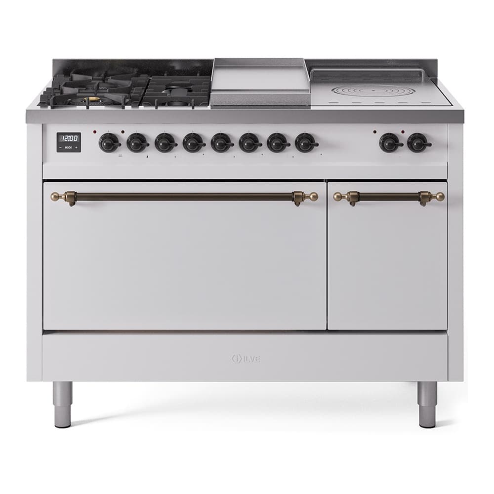 Nostalgie II 48 UP48FSQNMPWHB Freestanding Dual Fuel Range with 5 Sealed Burners with Griddle and French Top Double Oven with Solid Door with Bronze knobs
