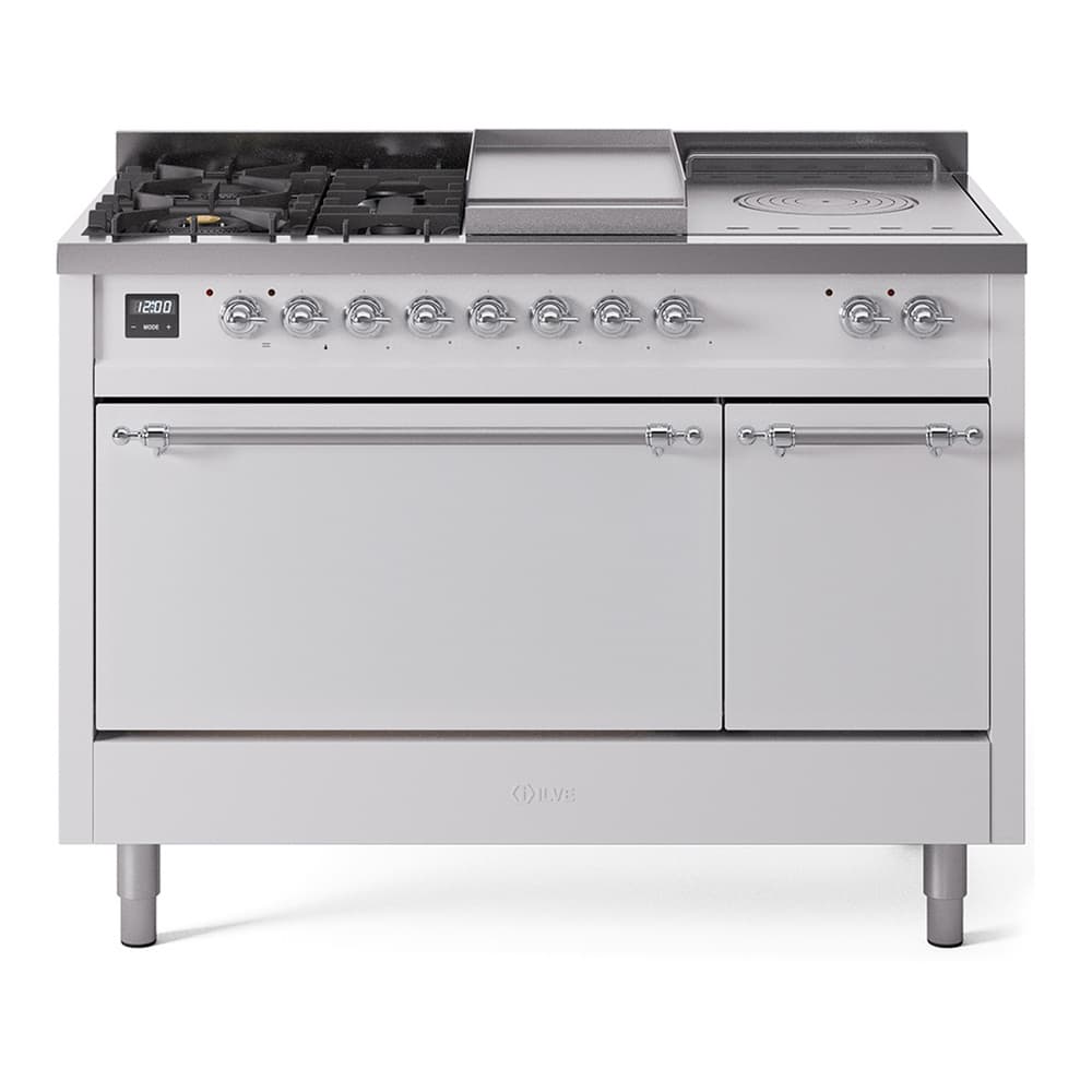 Nostalgie II 48 UP48FSQNMPWHC Freestanding Dual Fuel Range with 5 Sealed Burners with Griddle and French Top Double Oven with Solid Door with Chrome knobs