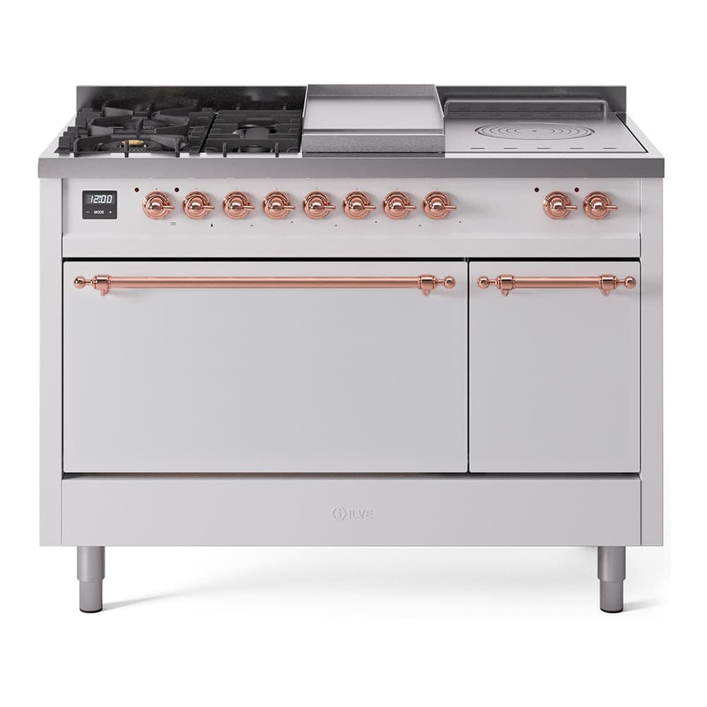 Nostalgie II 48 UP48FSQNMPWHP Freestanding Dual Fuel Range with 5 Sealed Burners with Griddle and French Top Double Oven with Solid Door with Copper knobs
