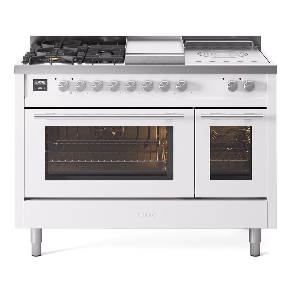 Professional Plus II 48 UP48FSWMPWH Freestanding Dual Fuel Range with 5 Sealed Burners with Griddle and French Top Double Oven with Triple Glass Door with Stainless Steel knobs