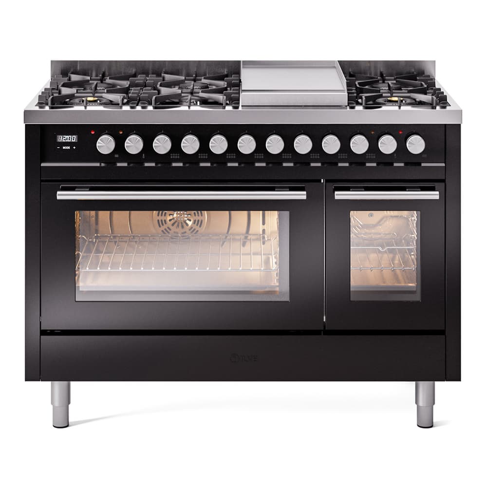 Professional Plus II 48 UP48FWMPBK Freestanding Dual Fuel Range with 8 Sealed Burners with Griddle Double Oven with Triple Glass Door with Stainless Steel knobs