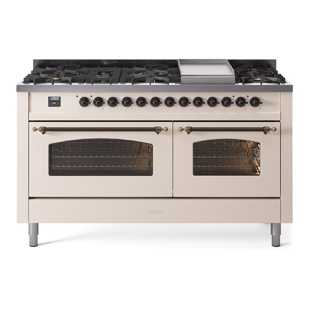 Nostalgie II 60 UP60FNMPAWB Freestanding Dual Fuel Range with 9 Sealed Burners with Griddle Double Oven with Triple Glass Door with Bronze knobs