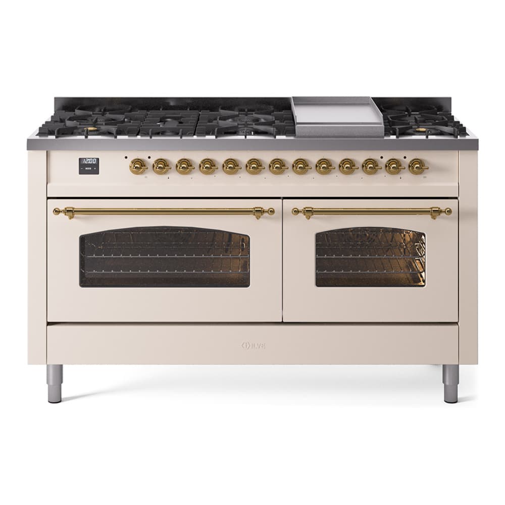 Nostalgie II 60 UP60FNMPAWG Freestanding Dual Fuel Range with 9 Sealed Burners with Griddle Double Oven with Triple Glass Door with Brass knobs
