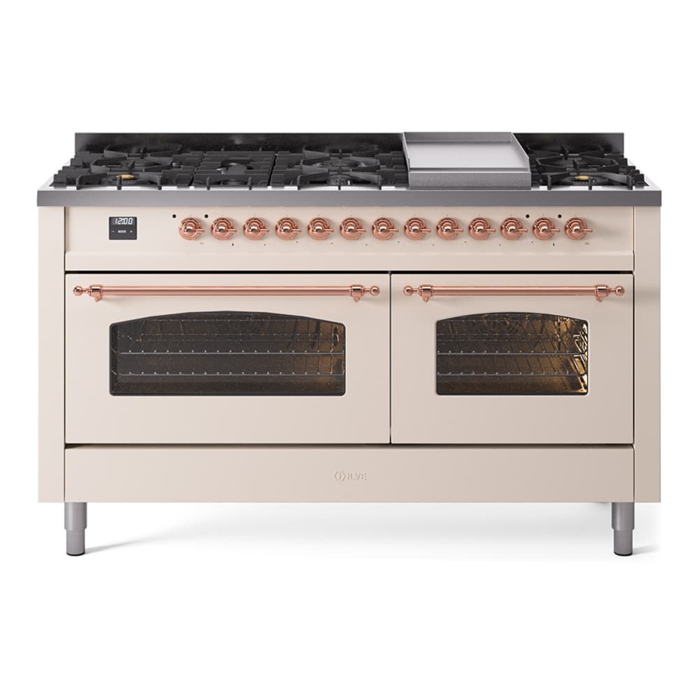 Nostalgie II 60 UP60FNMPAWP Freestanding Dual Fuel Range with 9 Sealed Burners with Griddle Double Oven with Triple Glass Door with Copper knobs