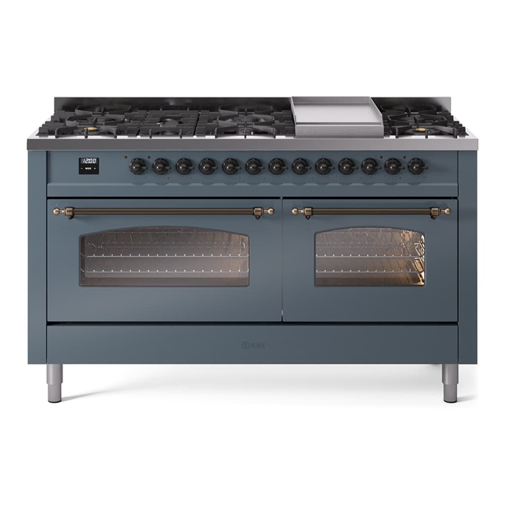 Nostalgie II 60 UP60FNMPBGB Freestanding Dual Fuel Range with 9 Sealed Burners with Griddle Double Oven with Triple Glass Door with Bronze knobs