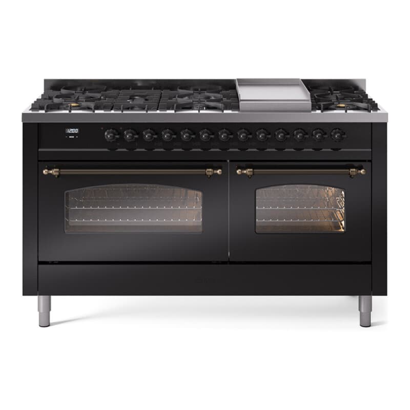 Nostalgie II 60 UP60FNMPBKB Freestanding Dual Fuel Range with 9 Sealed Burners with Griddle Double Oven with Triple Glass Door with Bronze knobs
