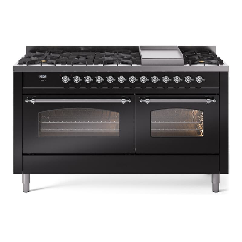 Nostalgie II 60 UP60FNMPBKC Freestanding Dual Fuel Range with 9 Sealed Burners with Griddle Double Oven with Triple Glass Door with Chrome knobs